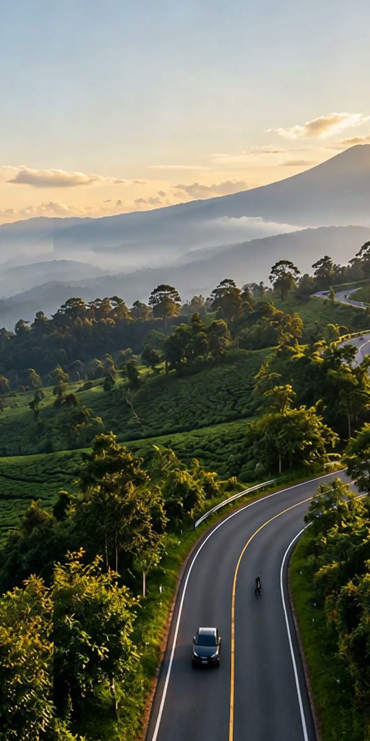 Jalan berkelok di antara kebun teh saat sore, mobil melintas